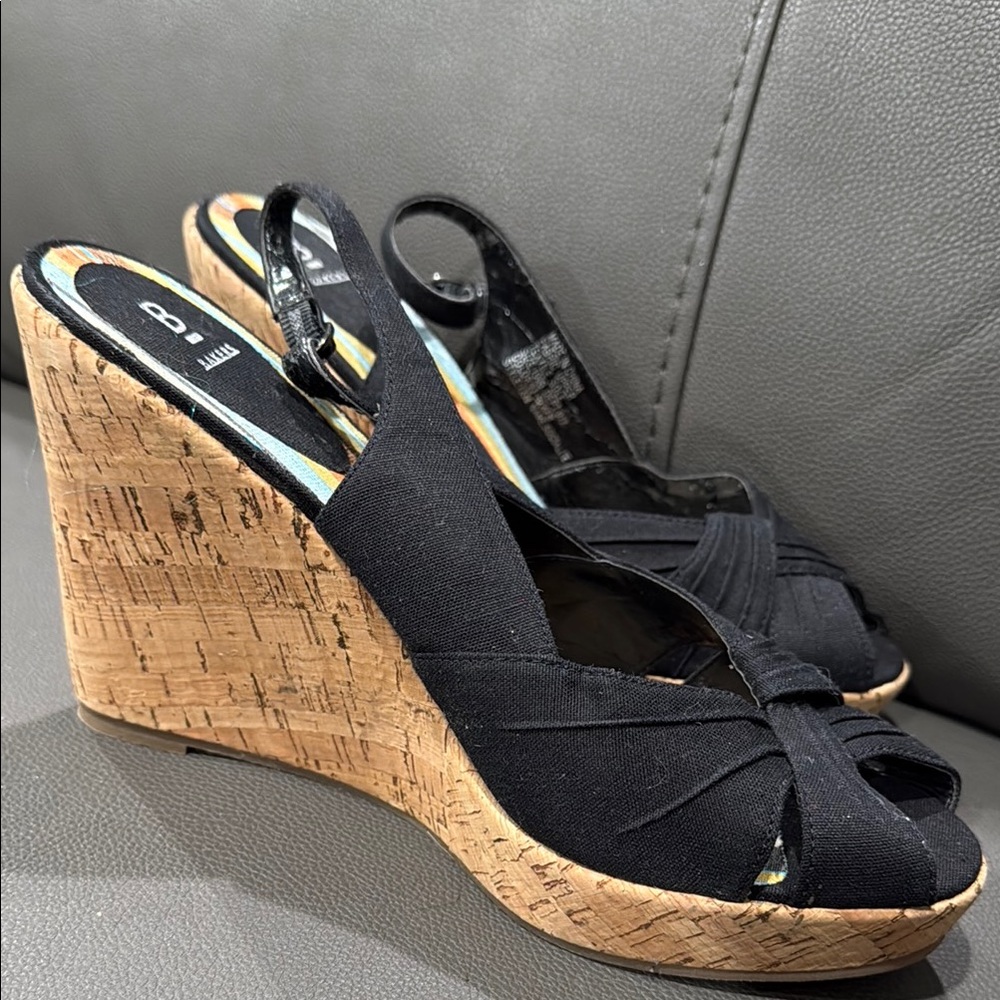 Bakers Black Wedge Sandals with Cork Heel
